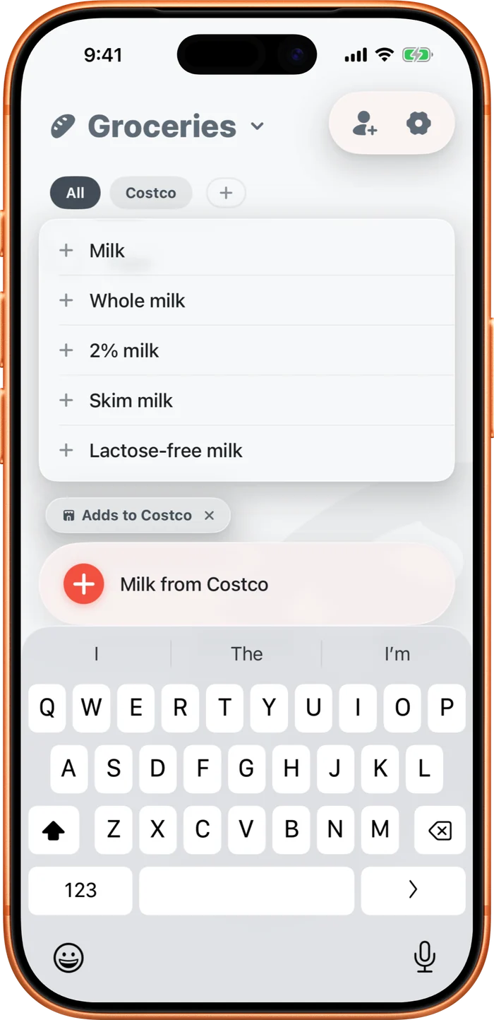 Typing in the add bar brings up a list of suggestions just above it.