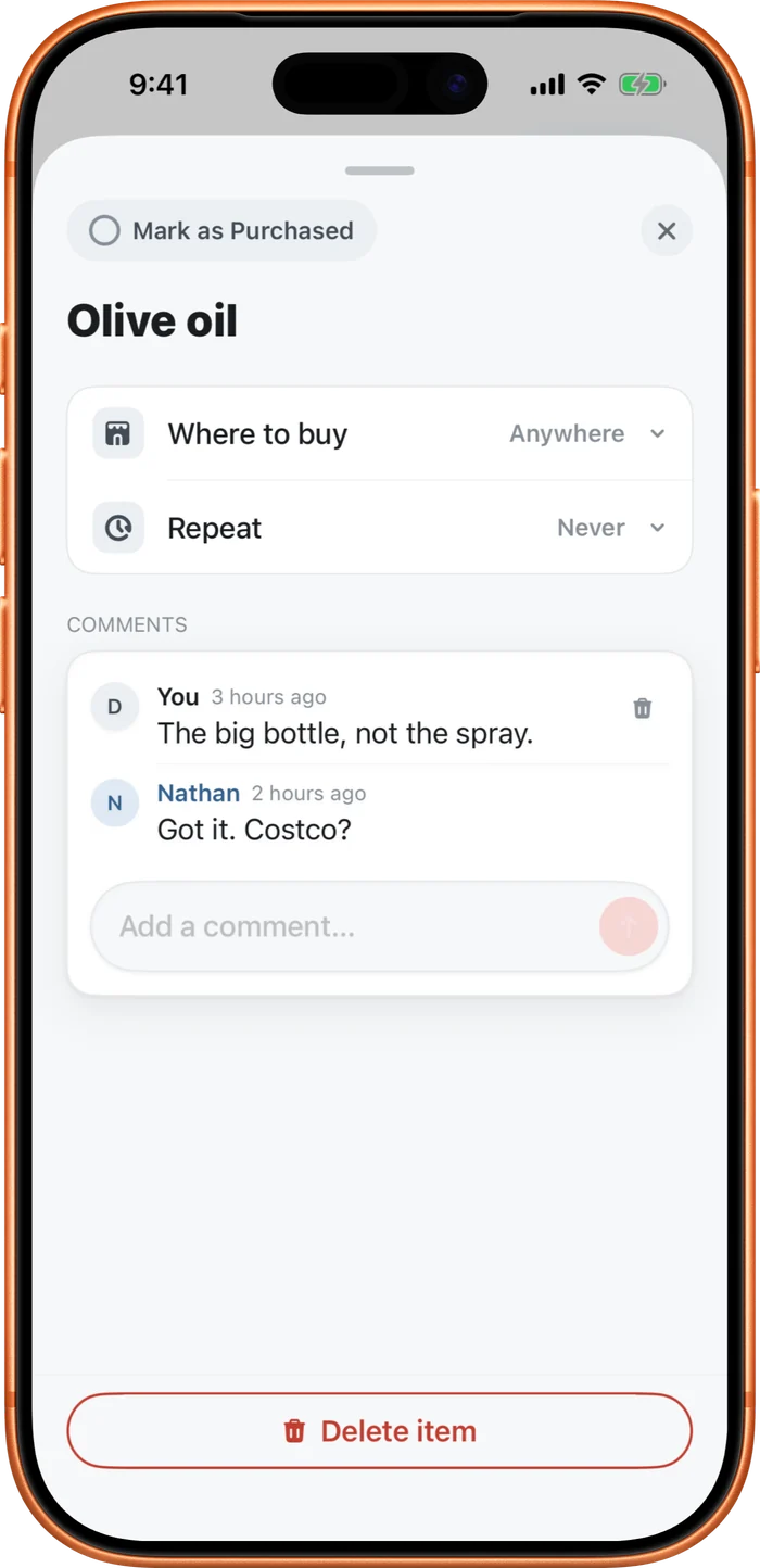 A comment thread on an item, with messages from you and your partner, each showing who wrote it and when.