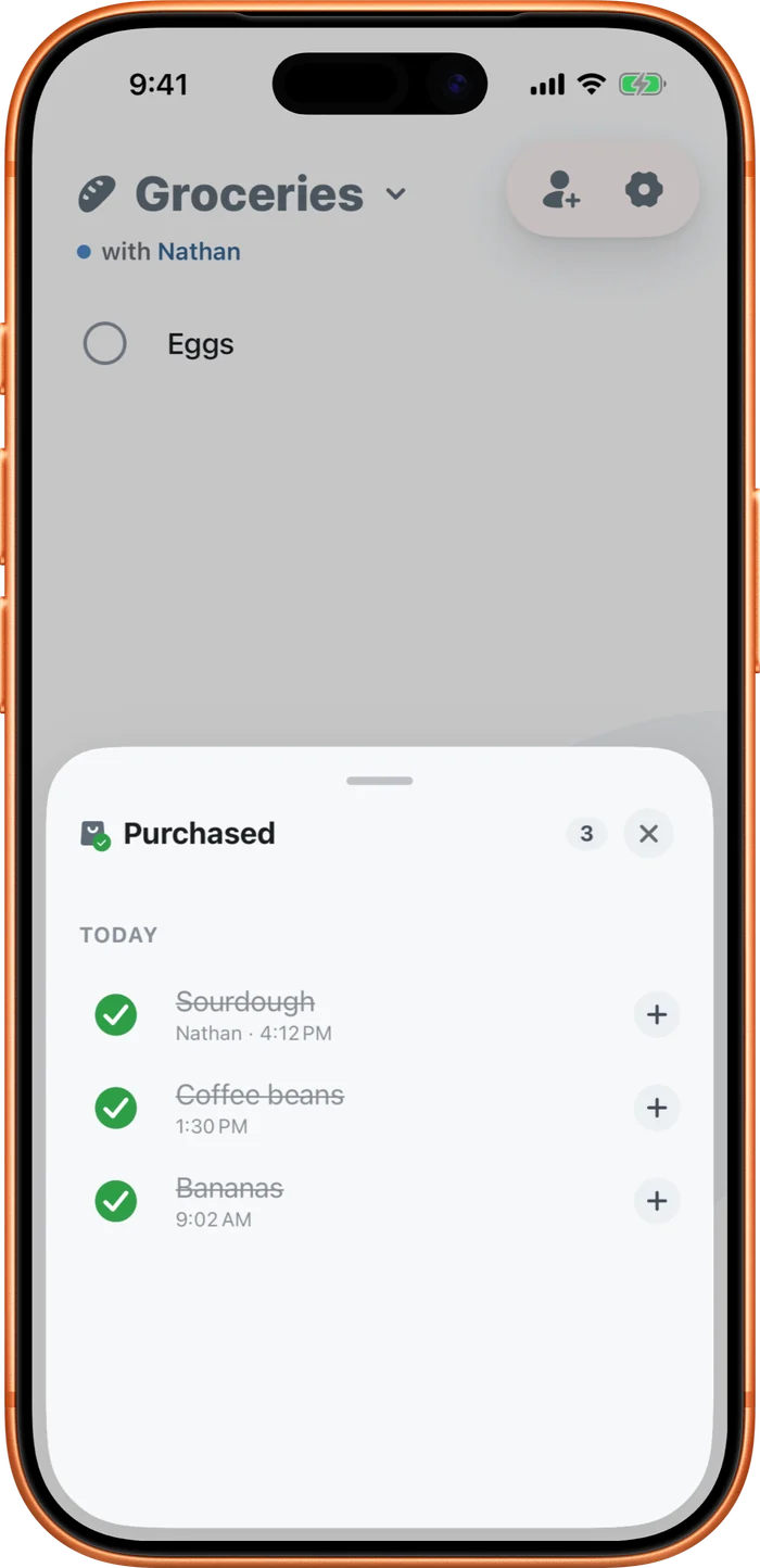 The Purchased tray on a grocery list, with checked-off items grouped under Today.