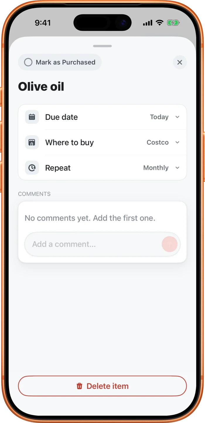 The item detail tray: a Mark as Purchased button, the item name, rows for Due date, Where to buy, and Repeat, then Comments.