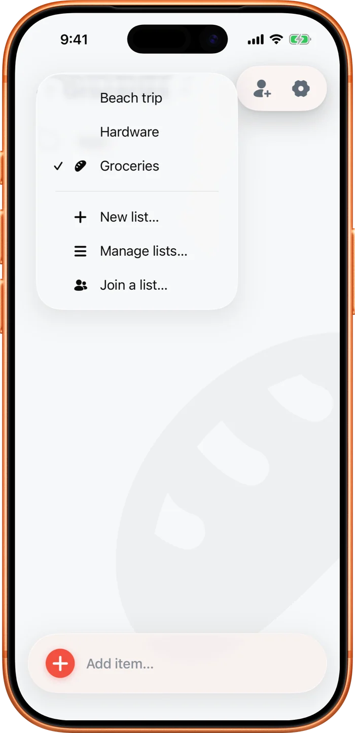The list switcher menu open over a list, with other lists plus New list, Manage lists, and Join a list.
