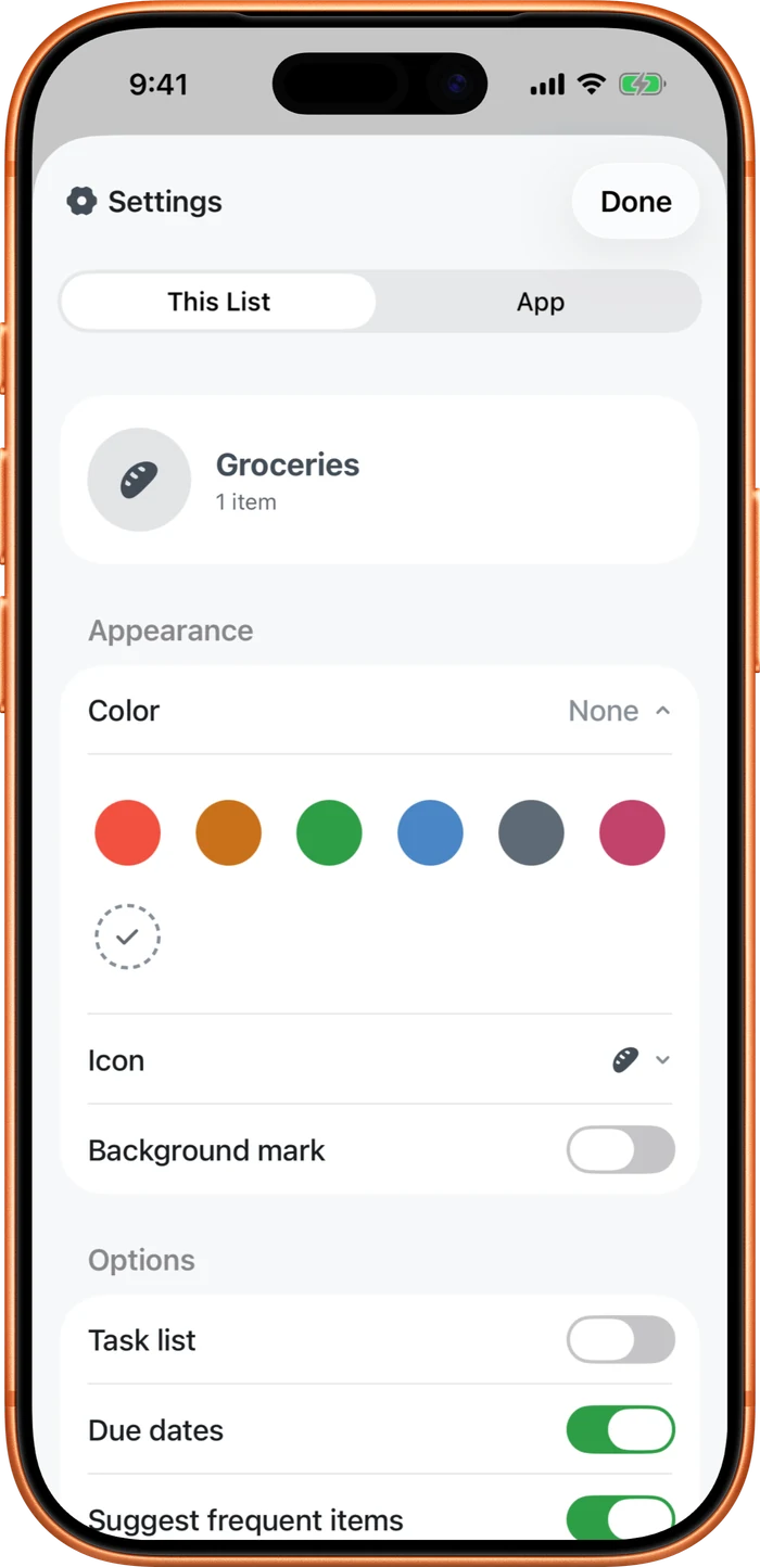 The list's Appearance settings, with a row of color swatches, an icon, and a Background mark toggle.