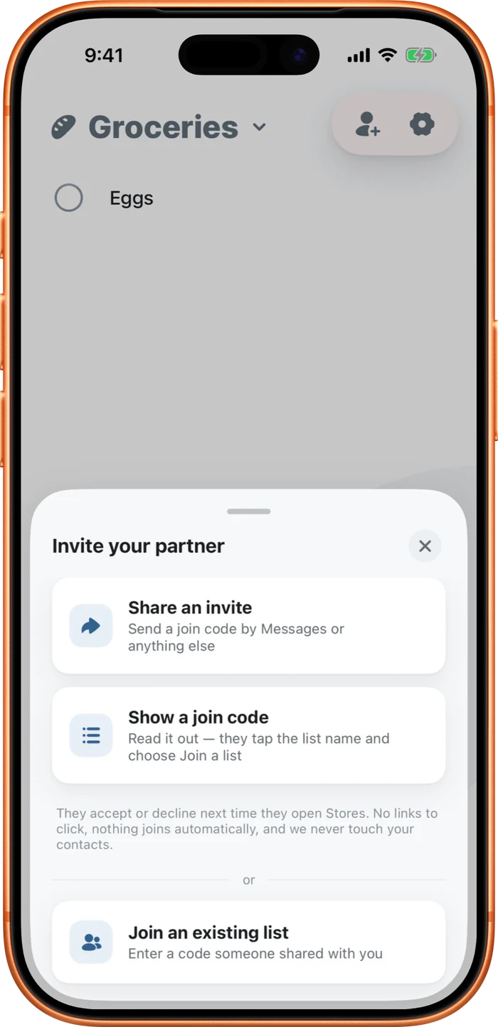 The invite sheet, offering to share an invite or show a join code, with a note that Stores never touches your contacts.