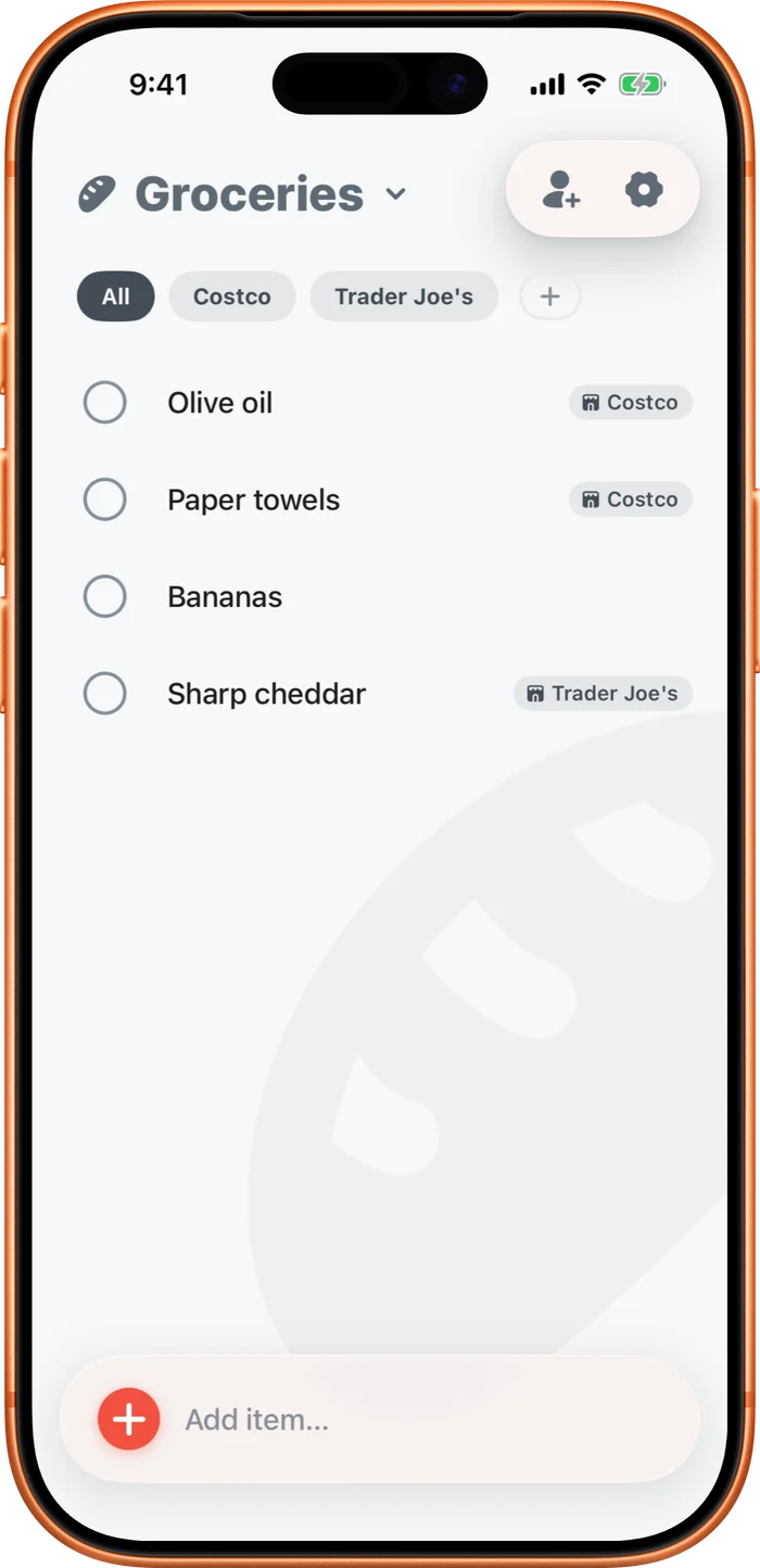 Store chips sit under the title. Tap one to see just that store; tagged items show their store.