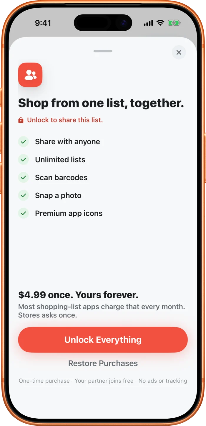 The upgrade screen: share with anyone, unlimited lists, scan barcodes, snap a photo, premium app icons, for $4.99 once.
