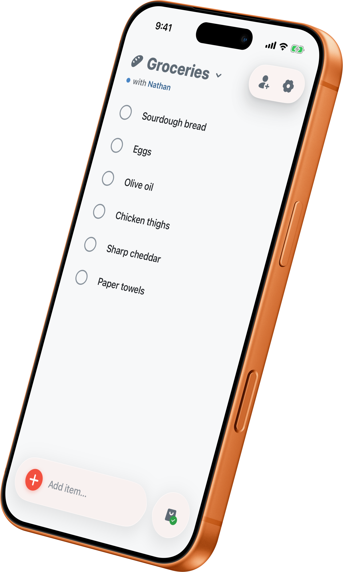 The Stores app open on an iPhone, showing a shared grocery list with the items Sourdough bread, Eggs, Olive oil and more.
